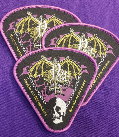 PEST "Rest In Morbid Darkness..." woven patch ( purple border)