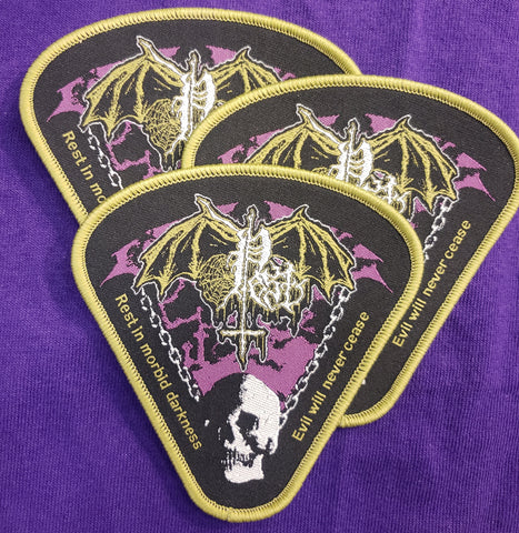 PEST "Rest In Morbid Darkness..." woven patch (tan border)