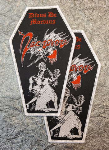 NECROVORE "Divus De Mortuus" coffin patch (white border)